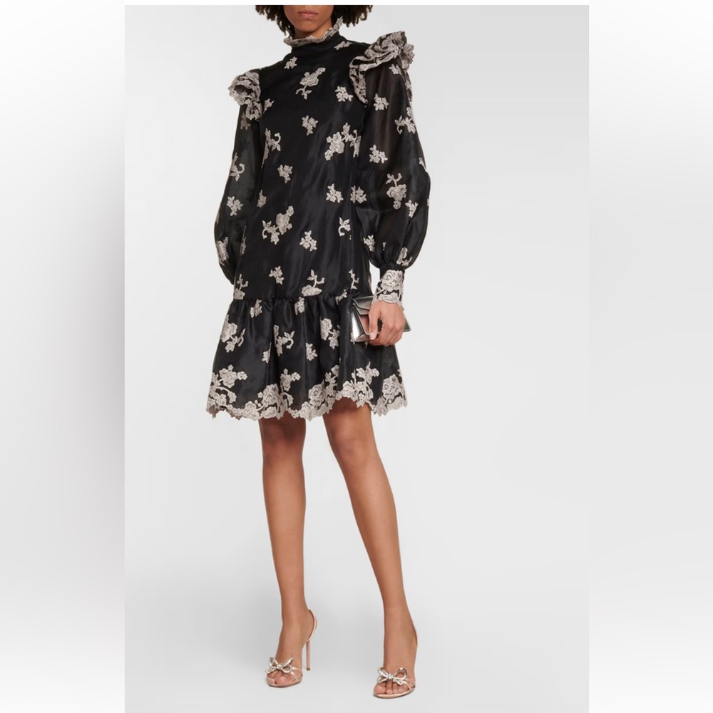 NWT $2,945 ERDEM Nella floral embroidered silk minidress Size 6, 100% Silk